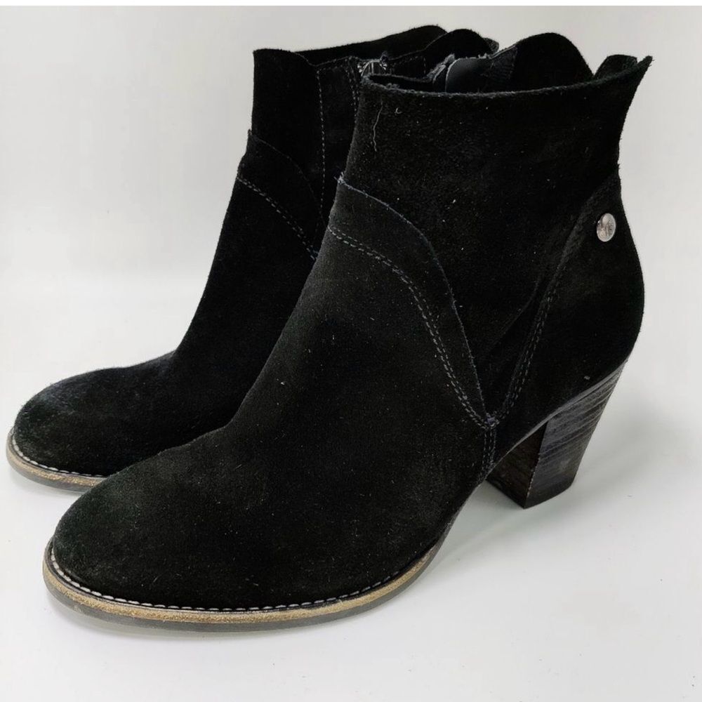 Paul Green Black Suede Ankle Booties with 3" Chunky Stacked Heels Sz 6